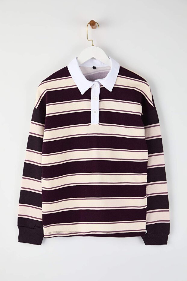 Çok Renkli Çizigli Polo Yaka Oversize/Geniş Kalıp Örme Sweatshirt TWOAW26SW00245 - 5