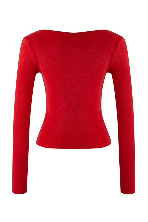 Kırmızı Fırfırlı Fitted/Vücuda Oturan Örme Bluz TWOAW26BZ00287 - 6