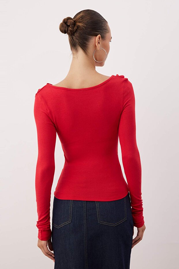 Kırmızı Fırfırlı Fitted/Vücuda Oturan Örme Bluz TWOAW26BZ00287 - 4