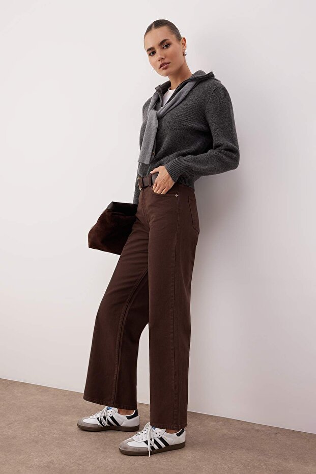 Koyu Kahverengi Yüksek Bel Bilek Boy Culotte %100 Pamuklu Jeans TWOAW26JE00190 - 2