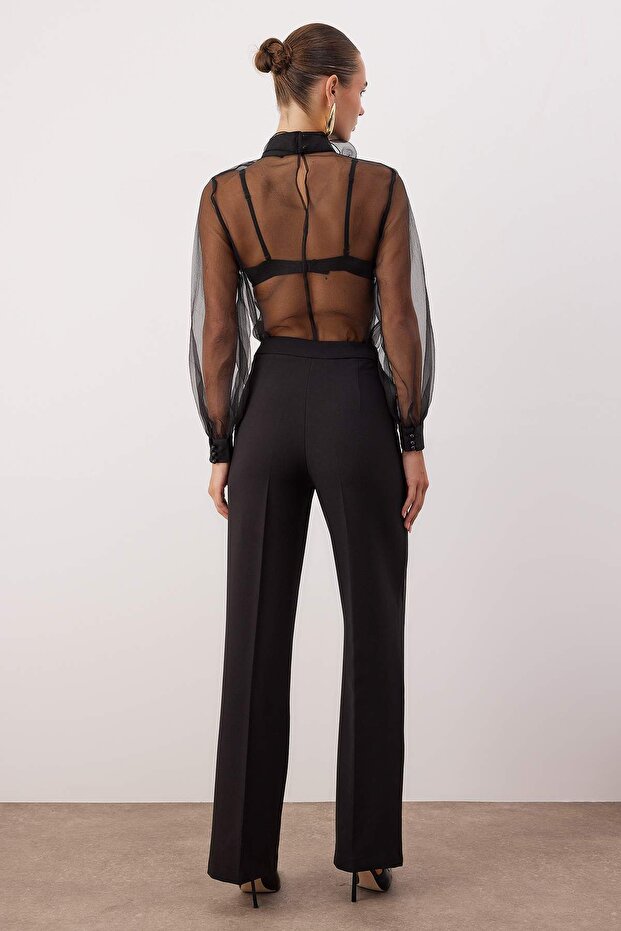 Siyah Geniş Paça Dokuma Pantolon TPRAW22PL0402 - 5