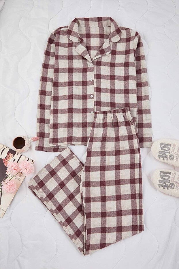 Kırmızı-Çok Renkli Pamuklu Kalın/Kışlık Ekoseli Flanel Dokuma Pijama Takımı THMAW26PT00196 - 5