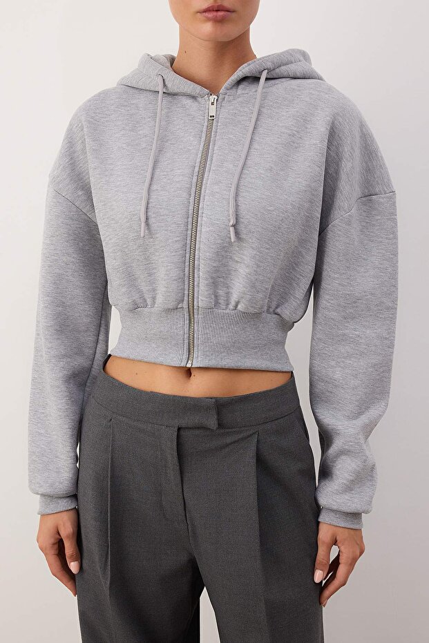 Gri Melanj Crop Oversize Örme Sweatshirt TWOAW25SW00302 - 3