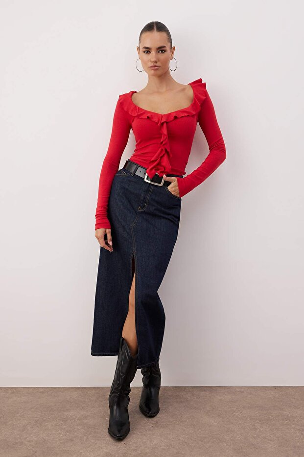 Kırmızı Fırfırlı Fitted/Vücuda Oturan Örme Bluz TWOAW26BZ00287 - 2