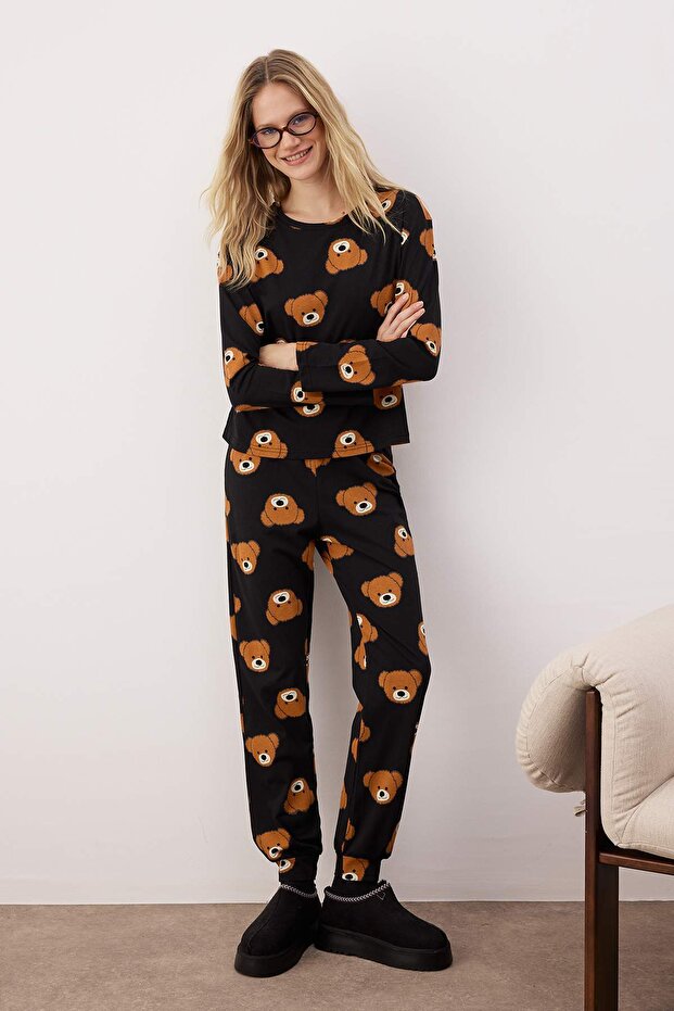 Czarny 100% bawełniany zestaw piżamowy z misiem Teddy Bear Thmaw23Pt00514 - 1
