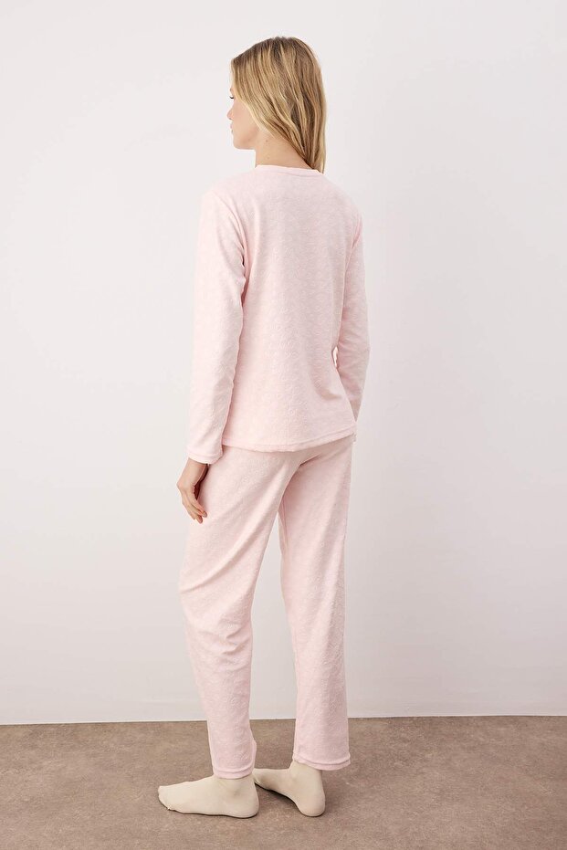 Pudra Kalp Desenli Fırfırlı ve Cepli Örme Pijama Takımı THMAW26PT00205 - 4