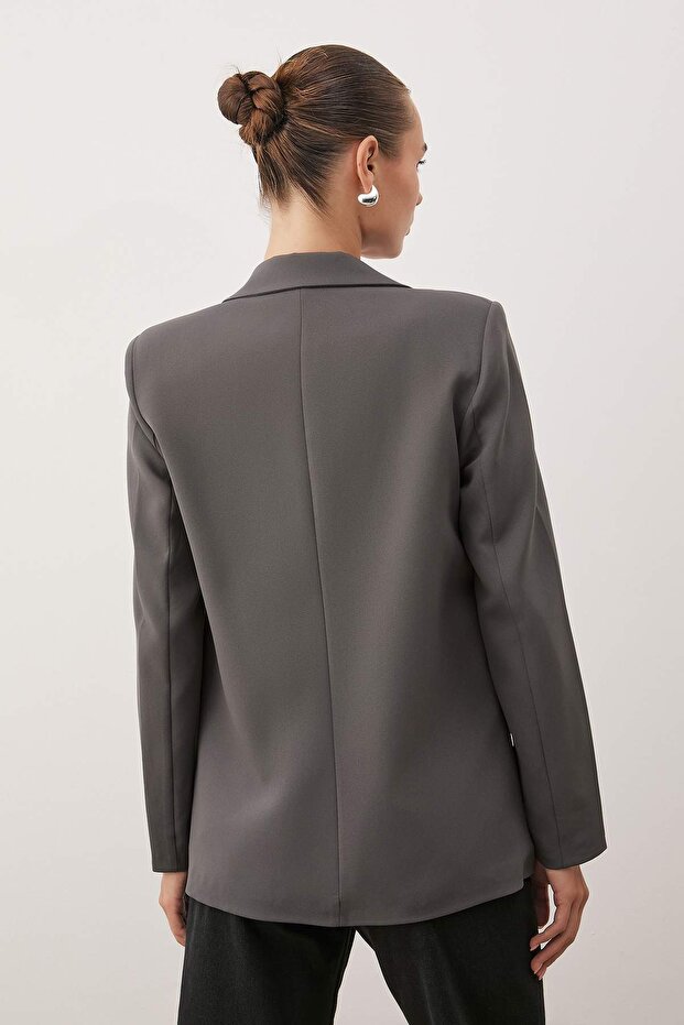 Gri Regular Astar Detaylı Dokuma Blazer Ceket TWOAW20CE0316 - 4