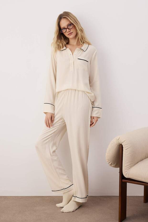 Ekru Biyeli Viskon Dokuma Pijama Takımı THMAW26PT00145 - 1