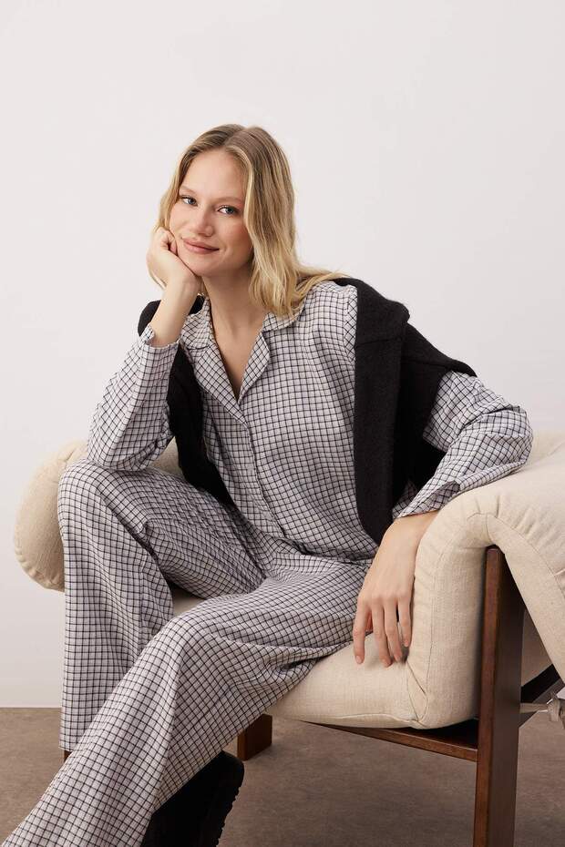 Lila-Çok Renkli Pamuklu Kalın/Kışlık Ekoseli Flanel Dokuma Pijama Takımı THMAW26PT00196 - 1