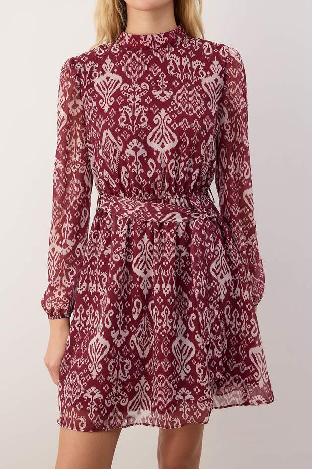 Çok Renkli Kuşaklı Eteği Volanlı Boho Astarlı Şifon Mini Dokuma Kışlık Elbise TWOAW24EL00665 - 3