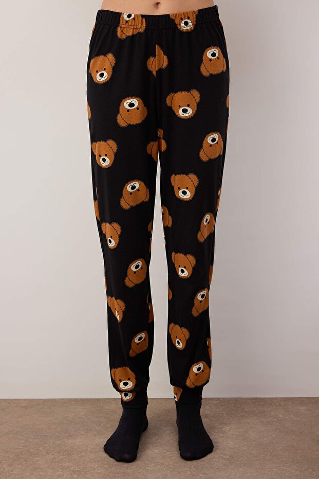 Czarny 100% bawełniany zestaw piżamowy z misiem Teddy Bear Thmaw23Pt00514 - 3