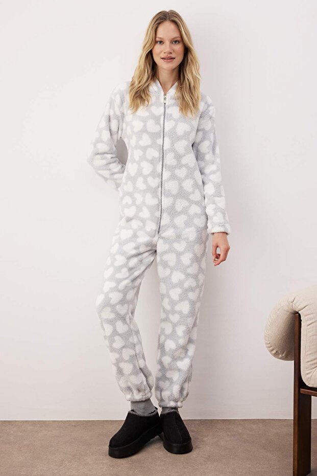 Gri Kalp Desenli Kapüşonlu Wellsoft Örme Tulum/Pijama Takımı THMAW26TU00000 - 2