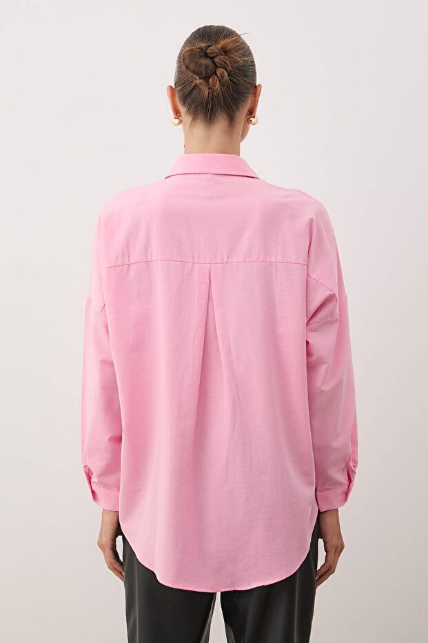 Pembe Pamuklu Oversize Geniş Kalıp Dokuma Gömlek TWOSS22GO0669 - 5