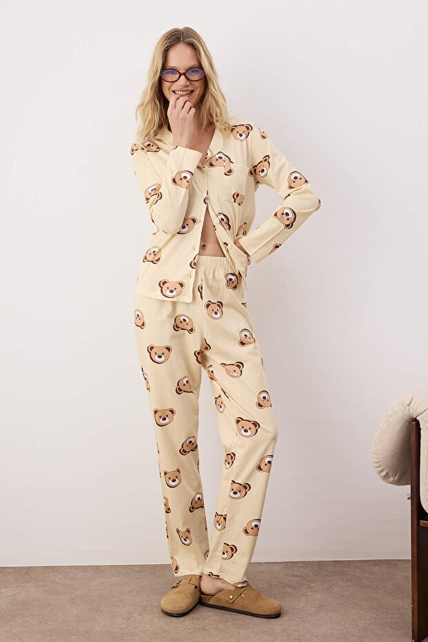 Ekru %100 Pamuklu Ayıcıklı Gömlek-Pantolon Örme Pijama Takımı THMAW24PT00002 - 1
