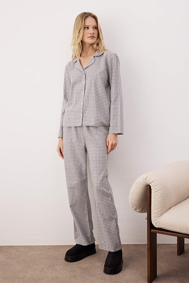 Lila-Çok Renkli Pamuklu Kalın/Kışlık Ekoseli Flanel Dokuma Pijama Takımı THMAW26PT00196 - 2