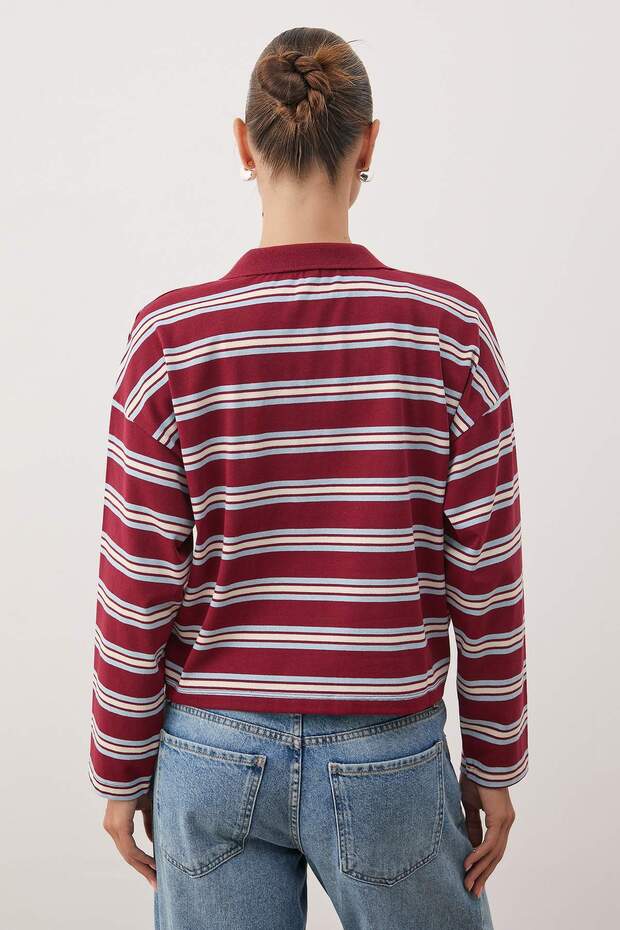 Bordo Çizgili Polo Yaka Oversize/Geniş Kalıp Örme T-Shirt TWOAW26TS00020 - 4