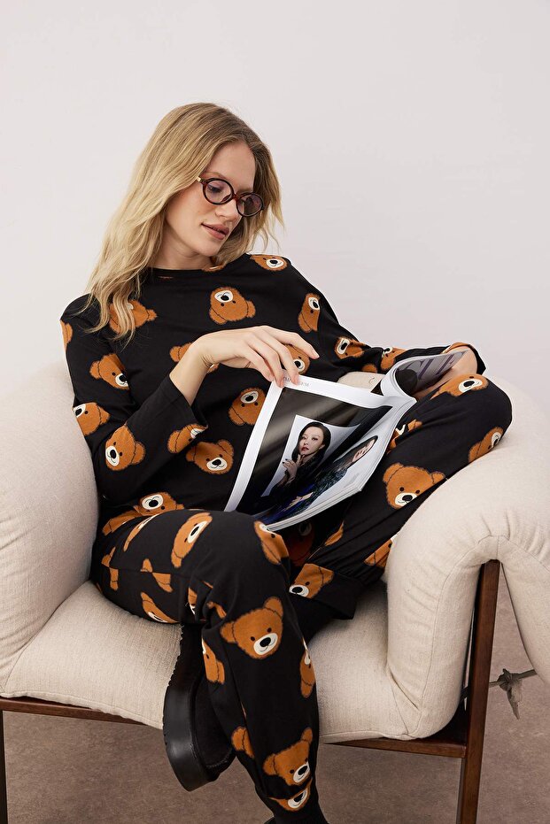 Czarny 100% bawełniany zestaw piżamowy z misiem Teddy Bear Thmaw23Pt00514 - 2