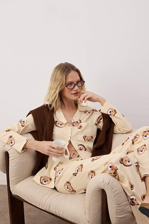 Ekru %100 Pamuklu Ayıcıklı Gömlek-Pantolon Örme Pijama Takımı THMAW24PT00002 - 2