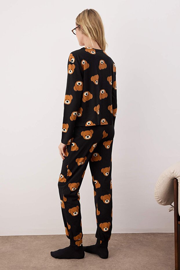 Czarny 100% bawełniany zestaw piżamowy z misiem Teddy Bear Thmaw23Pt00514 - 4