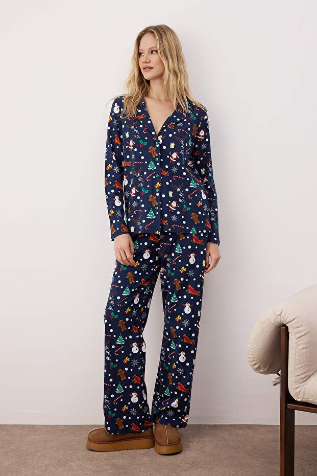 Lacivert %100 Pamuklu Yılbaşı Temalı Örme Pijama Takımı THMAW22PT1212 - 2