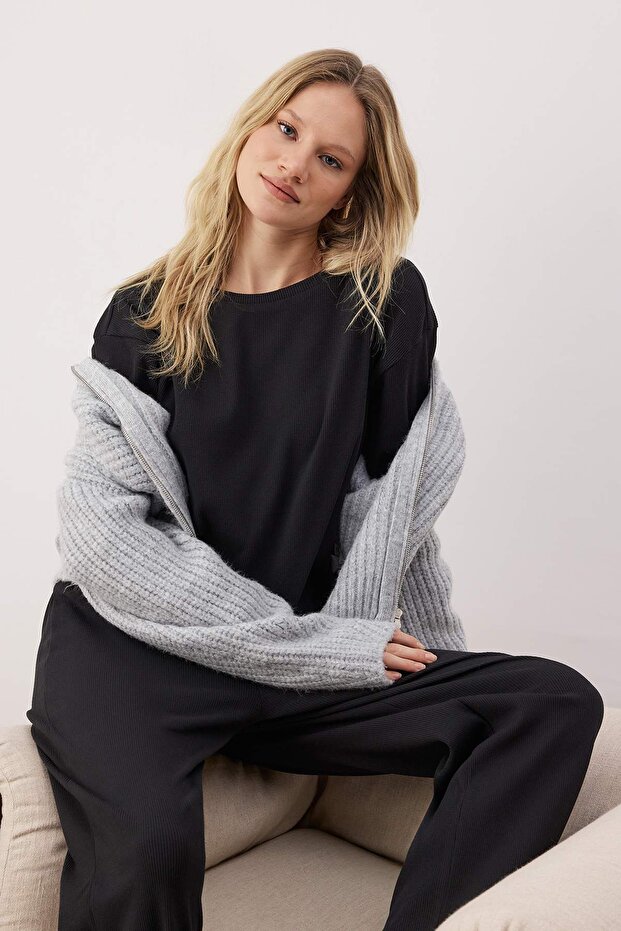 Siyah Fitilli Örme Pijama Takımı THMAW21PT0009 - 1