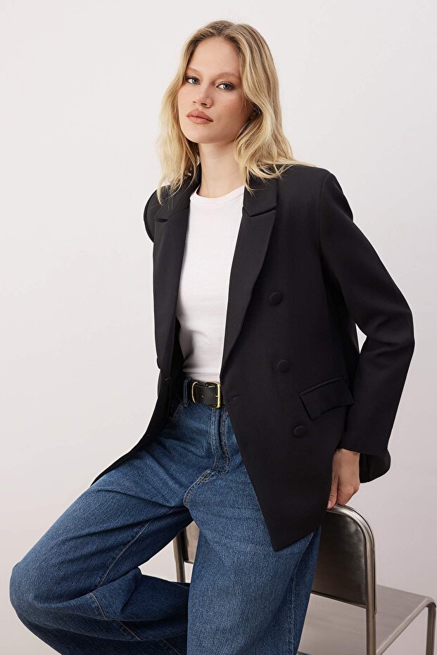Siyah Regular Astarlı Dokuma Blazer Ceket TWOSS21CE0137 - 2