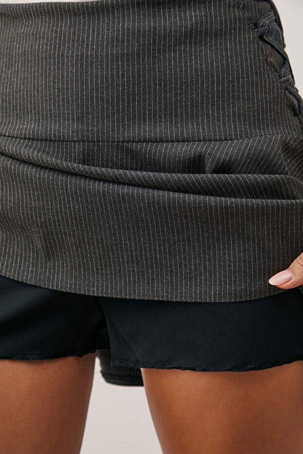 Antrasit Bağcık Detaylı Dokuma Mini Şort Etek TWOAW26SR00054 - 7