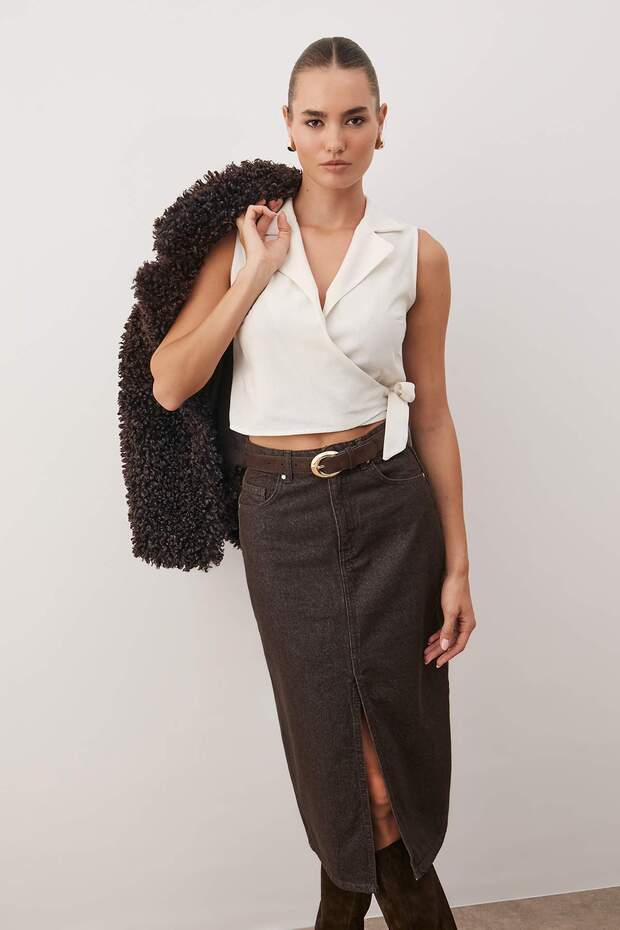 Bej Bağlamalı Crop Dokuma Keten Görünümlü Bluz TWOSS23BZ00550 - 2