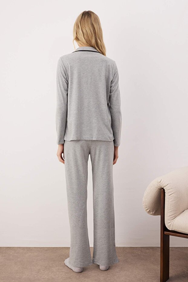 Gri %100 Pamuklu Biye ve Cep Detaylı Baskılı Örme Pijama Takımı THMAW22PT0785 - 4
