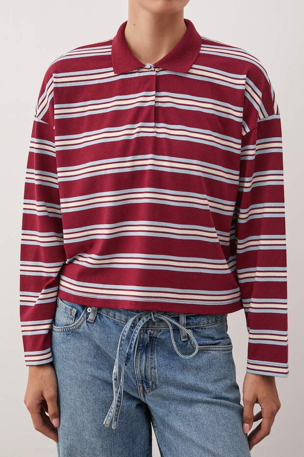 Bordo Çizgili Polo Yaka Oversize/Geniş Kalıp Örme T-Shirt TWOAW26TS00020 - 3
