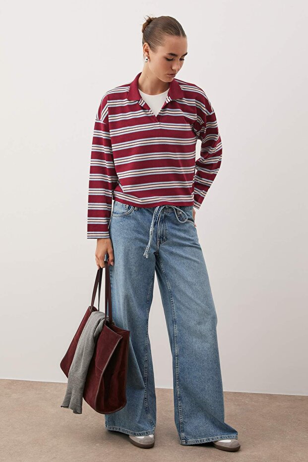 Bordo Çizgili Polo Yaka Oversize/Geniş Kalıp Örme T-Shirt TWOAW26TS00020 - 2