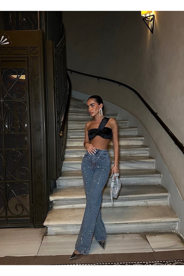 Women's Stone-Embellished High-Waisted Palazzo Fit Jeans