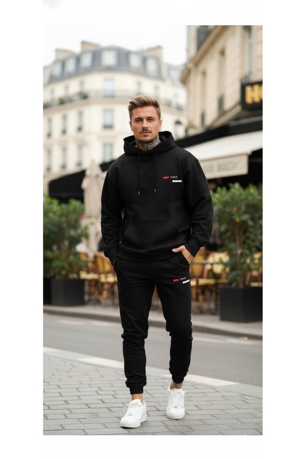 NICE Unisex PARIS Printed Hooded Top-Bottom Cotton Tracksuit Set