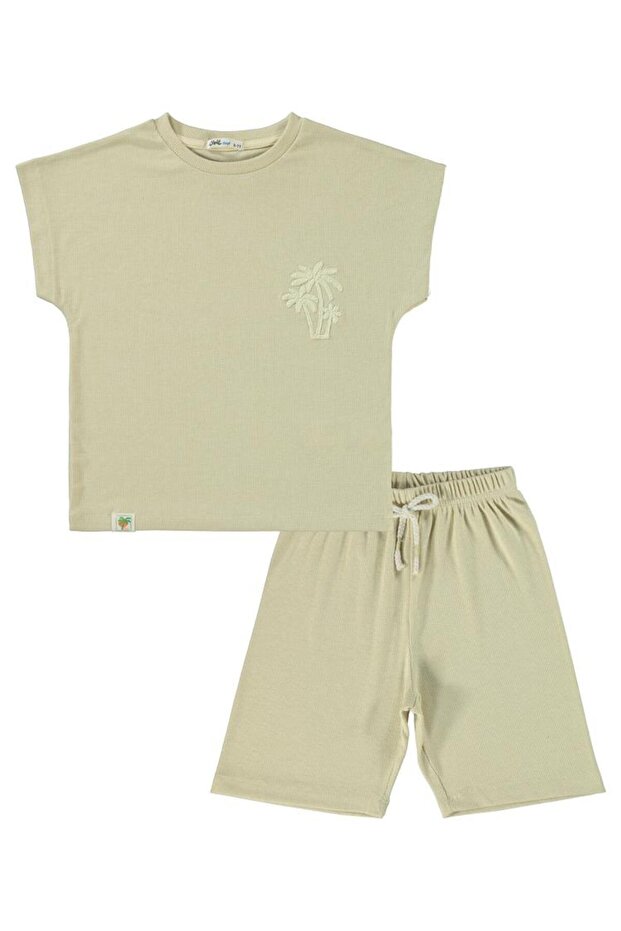 Bat Sleeve Palm Embroidered Set for 6-9 Years - Beige