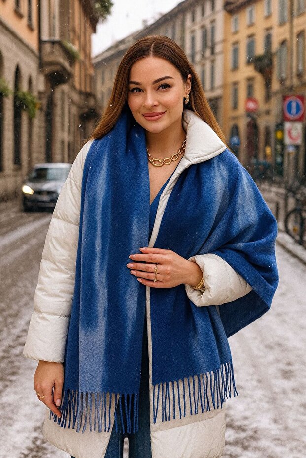 Tie Dye Sax Blue Tasseled Women's Shawl