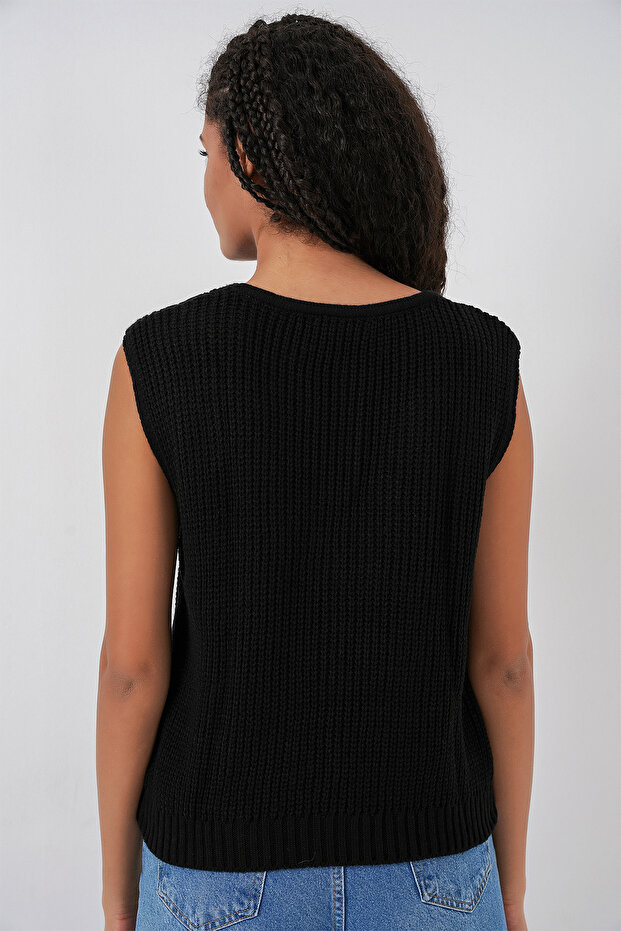 15882 Düğmeli Kısa Triko Yelek - Siyah - 6