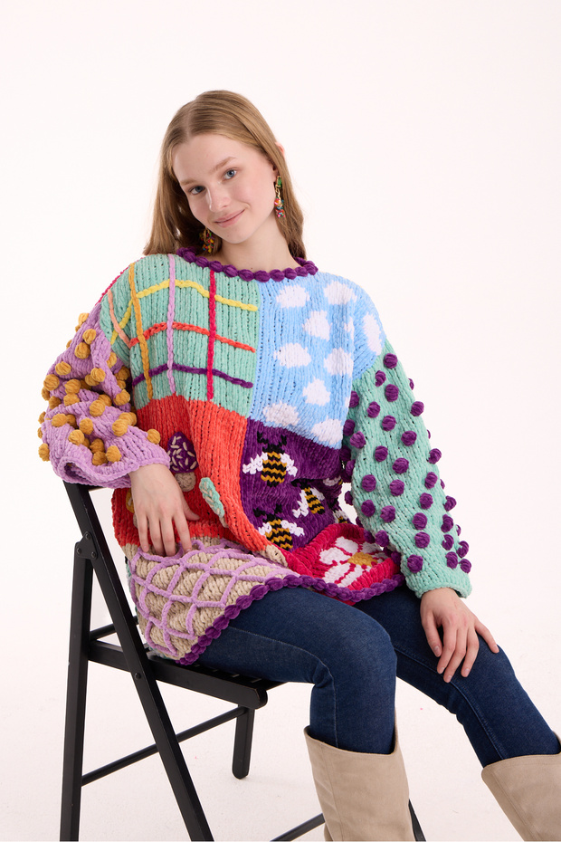 El Örgüsü Kadife Patchwork Kazak
