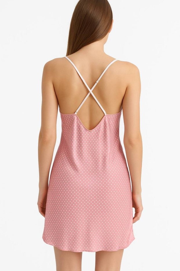 Satin Short Nightgown with Slit and Cross Straps on the Back Low-Cut Satin