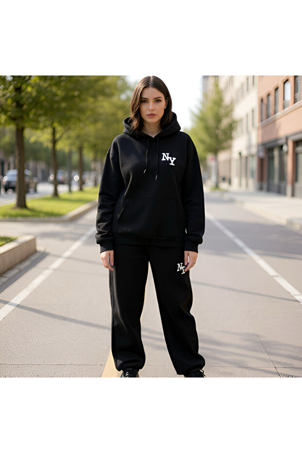 Women's Black Printed Thick Hooded Sweatshirt Tracksuit Set