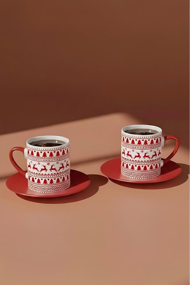 New Year's Deer Patterned Set of 2 Turkish Coffee Cups