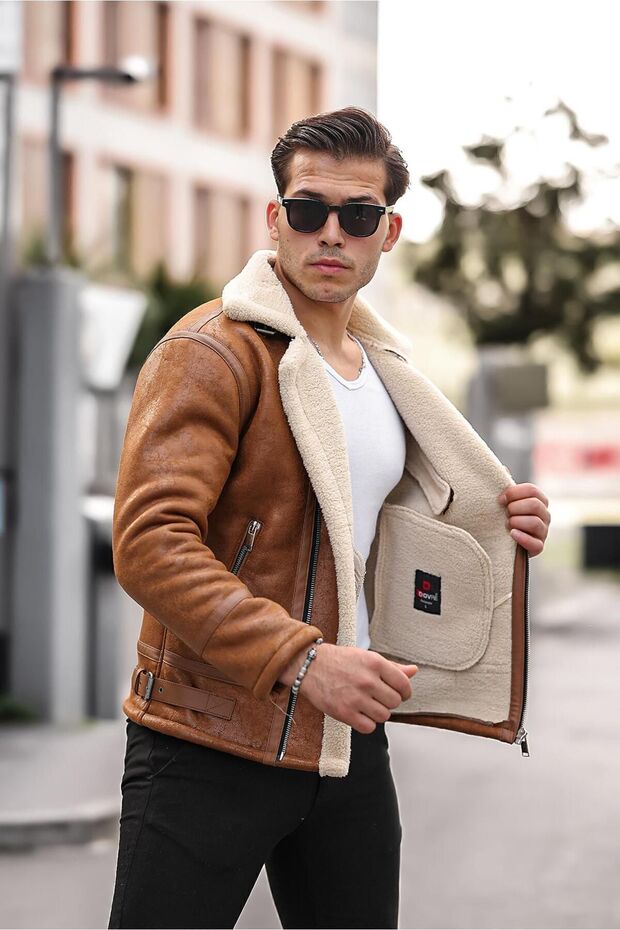 Pánský kožený interiér Napa Full Shearling Vysoce kvalitní Slim Fit Tan Coat & Jacket - 2