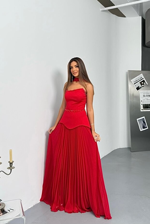 Piliseli Krep İşlemeli Alt Şifon Tek Parça Şallı Abiye Elbise Dar Kalıp - 3