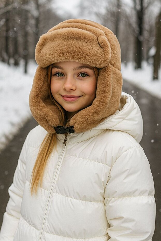 Camel Plush Fur Girl's Beret Hat with Headphones and Snap Fasteners