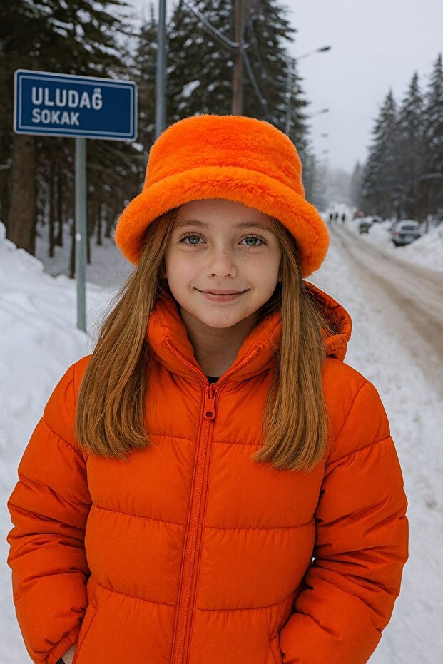 Orange Soft Textured Plush Bucket Girl's Hat