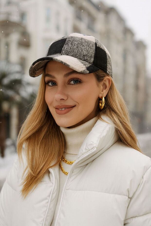 Beige Plaid Patterned Wool Unisex Cap