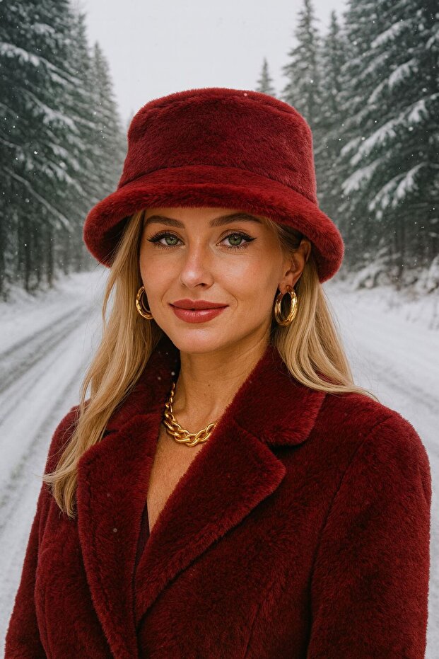 Burgundy Soft Textured Plush Bucket Women's Hat
