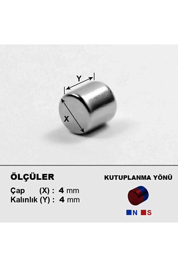Neodyum Mıknatıs Çap 4 mm Kalınlık 4 mm D4 x 4 Ndfeb Güçlü Mıknatıs (50 Adet) - 3