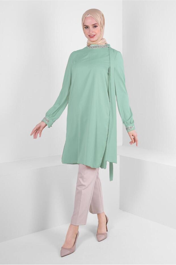 STONE EMBROIDERED COLLAR TIE DETAIL TUNIC 43527
