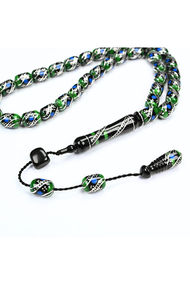 Oltu Stone and Green Galalith Double Fountain Embroidered Rosary