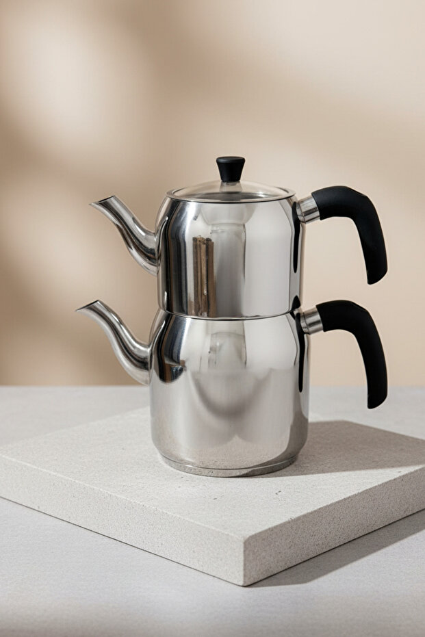 Hanzade Aile Boy Paslanmaz Çelik Çaydanlık – Parlak Gümüş, Ergonomik Saplı, Yüksek Isı Dayanımlı - 6